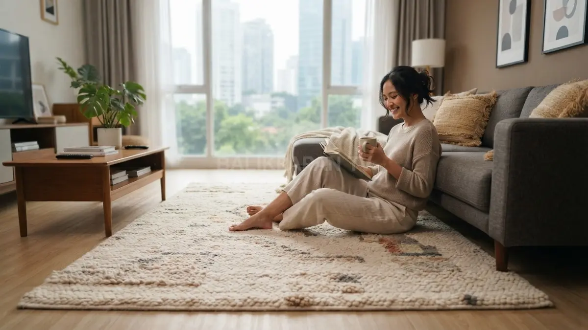 Karpet bertekstur memperkuat karakter ruangan, menghadirkan kehangatan, kenyamanan, sekaligus mempercantik tampilan interior rumah modern (BTV/AI).