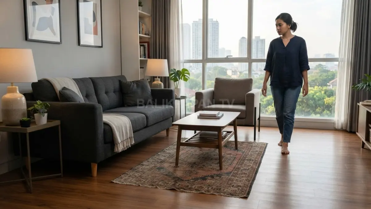 Karpet berukuran kecil membuat sofa tampak terpisah sehingga ruang tamu terlihat kurang proporsional dan harmonis.&nbsp;(BTV/AI)