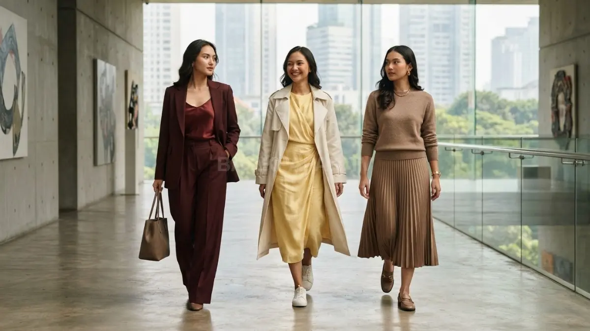 Koleksi pakaian burgundy, mocha, dan butter yellow dengan konsep fashion minimalis. (BTV/AI)