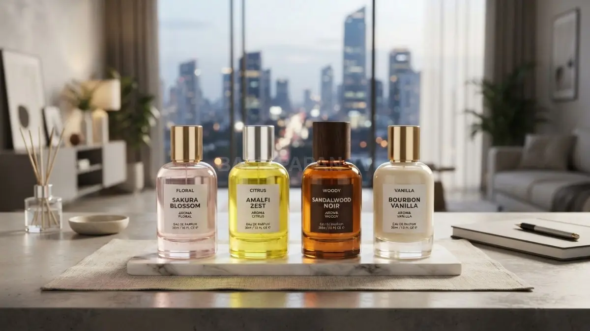 Koleksi parfum dengan aroma floral, citrus, woody, dan vanilla untuk teknik layering. (BTV/AI)