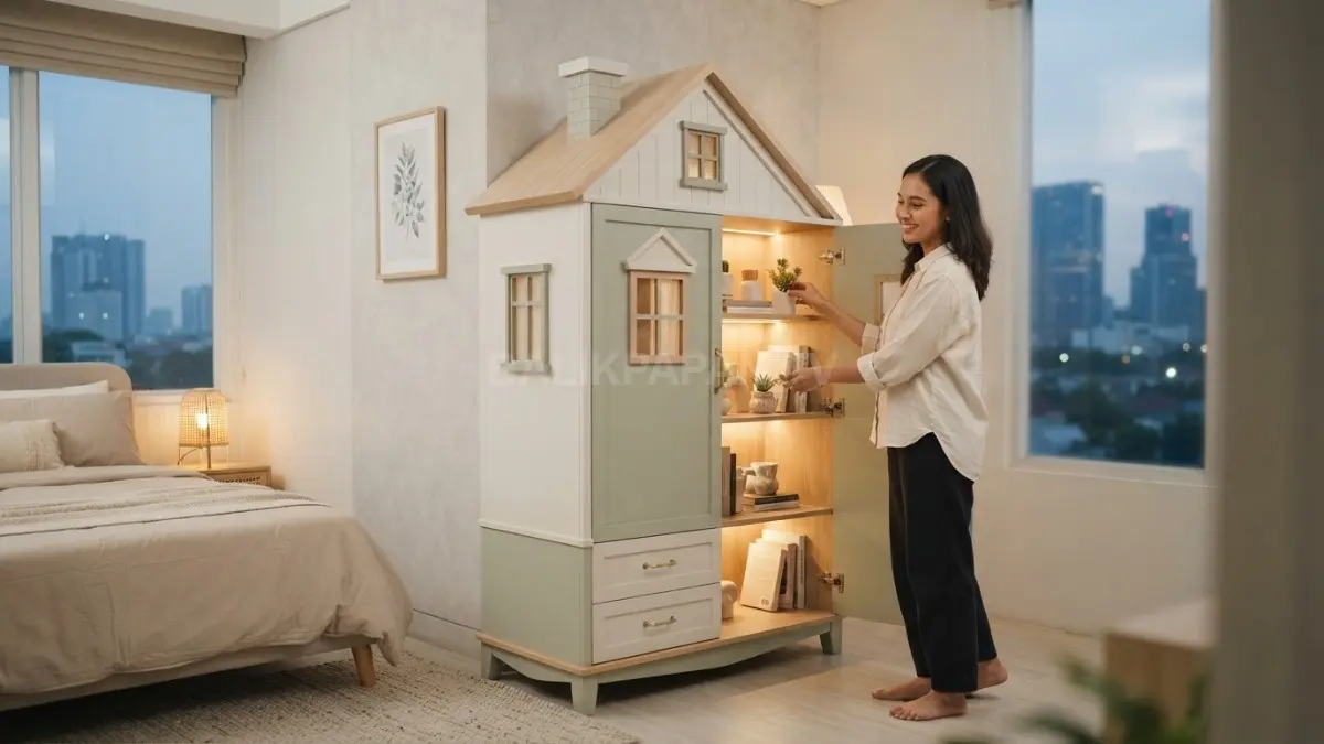 Lemari berbentuk rumah mungil menghadirkan dekorasi imajinatif, elegan, fungsional, dan mempercantik interior hunian modern keluarga. (BTV/AI)