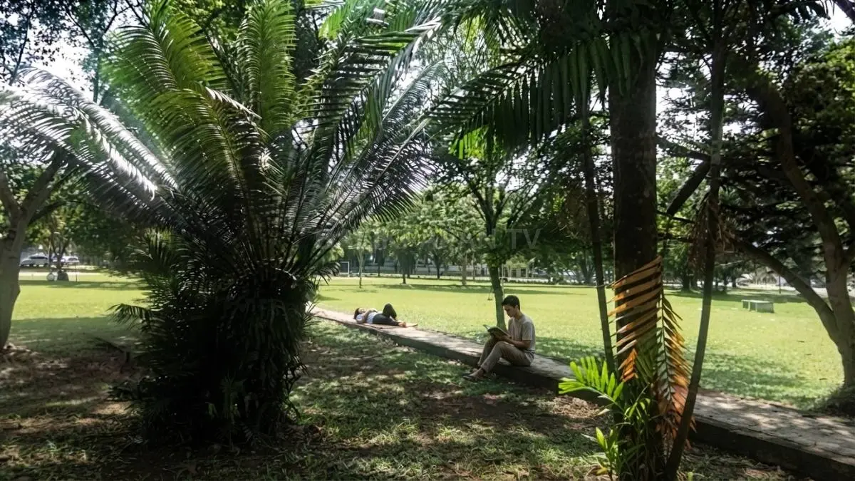 Masyarakat menikmati suasana nyaman Lapangan Merdeka Balikpapan untuk berolahraga, bersantai, dan berkumpul bersama keluarga. [BTV:AI]