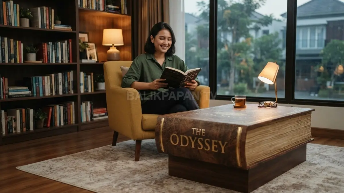 Meja kopi unik berbentuk buku menjadi pusat perhatian sekaligus melengkapi ruang tamu bergaya literasi modern kreatif. (BTV/AI)
