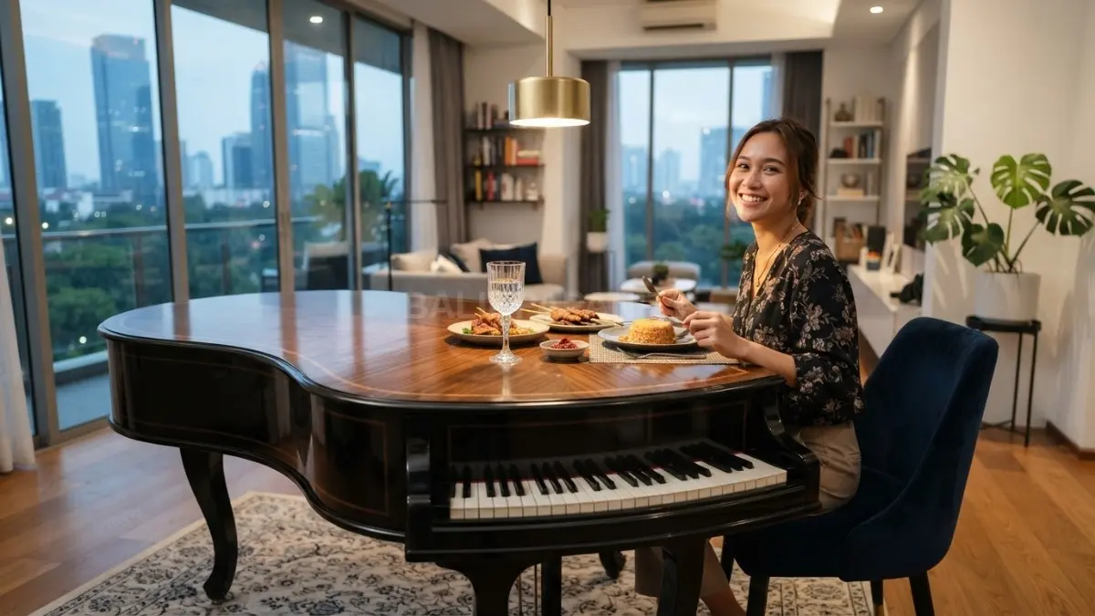 Meja makan berbentuk piano menghadirkan suasana artistik, elegan, mewah, dan unik untuk ruang makan modern keluarga. (BTV/AI)