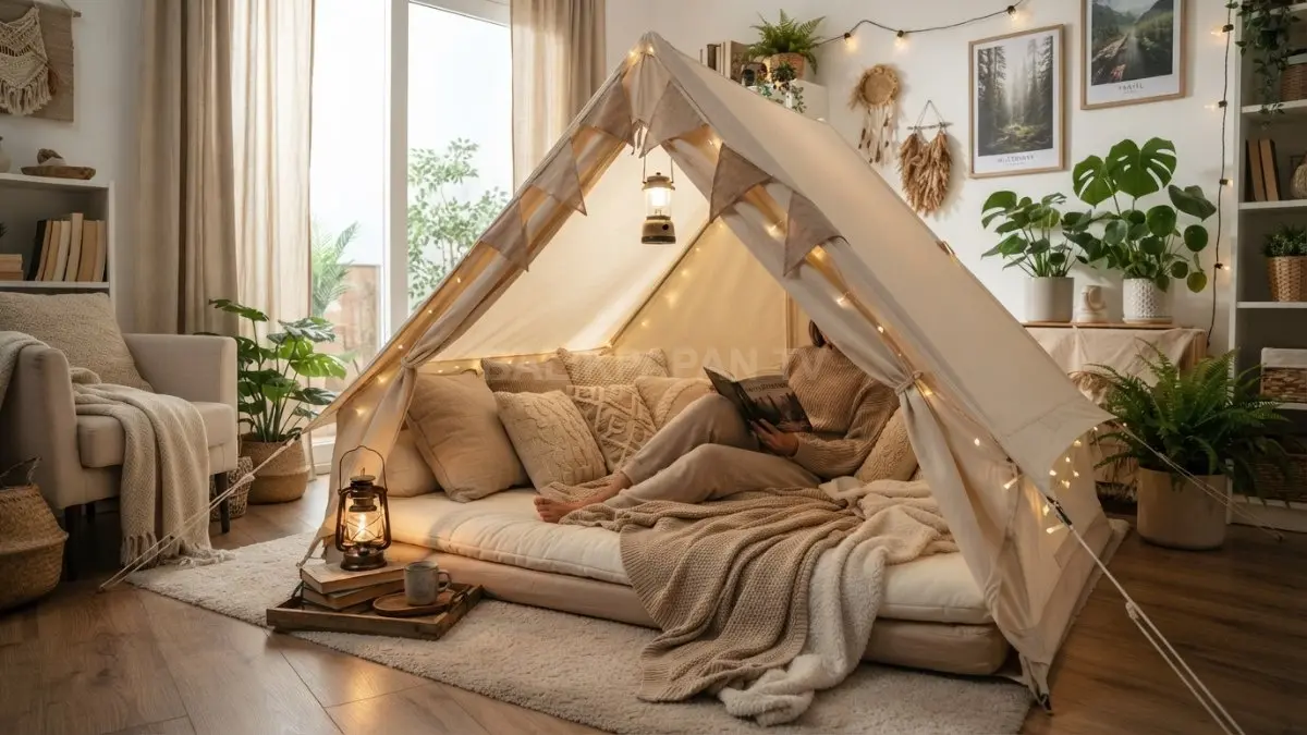 Mini tenda indoor bernuansa camping dengan lampu hangat, matras empuk, dan dekorasi alami nyaman (BTV/AI)
