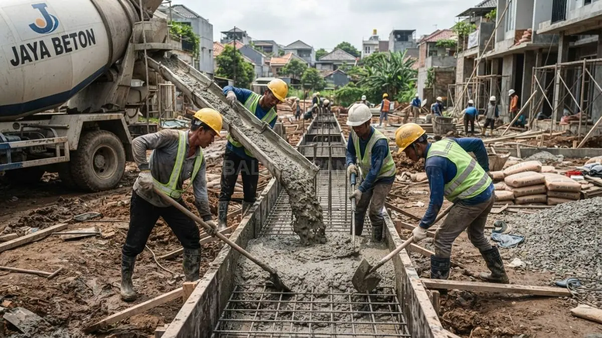 Pekerja konstruksi melakukan pengecoran fondasi beton bertulang untuk memastikan bangunan kokoh, aman, dan tahan lama (BTV/AI)