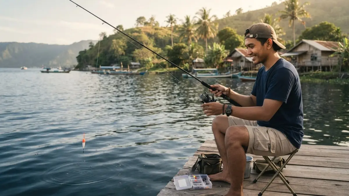 Pemula sebaiknya menggunakan peralatan memancing standar yang nyaman agar lebih mudah mempelajari teknik dasar terlebih dahulu. (BTV/AI)