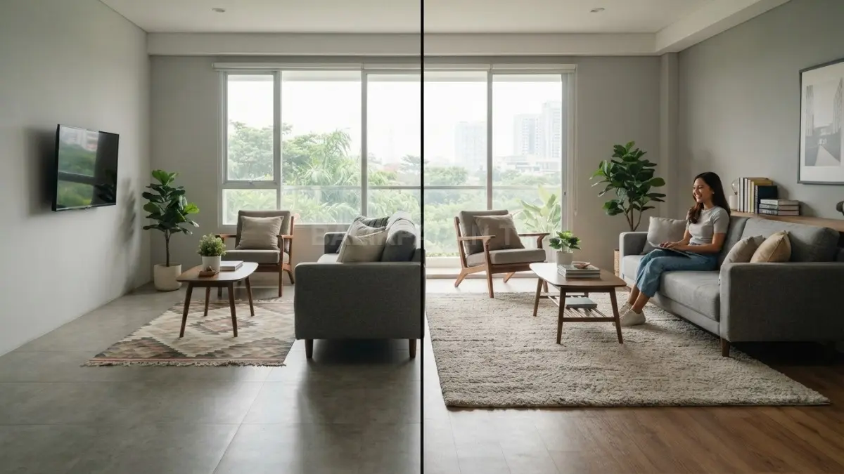 Perbandingan ruang tamu menggunakan karpet kecil dan karpet ideal menunjukkan perbedaan keseimbangan visual yang jelas. (BTV/AI)