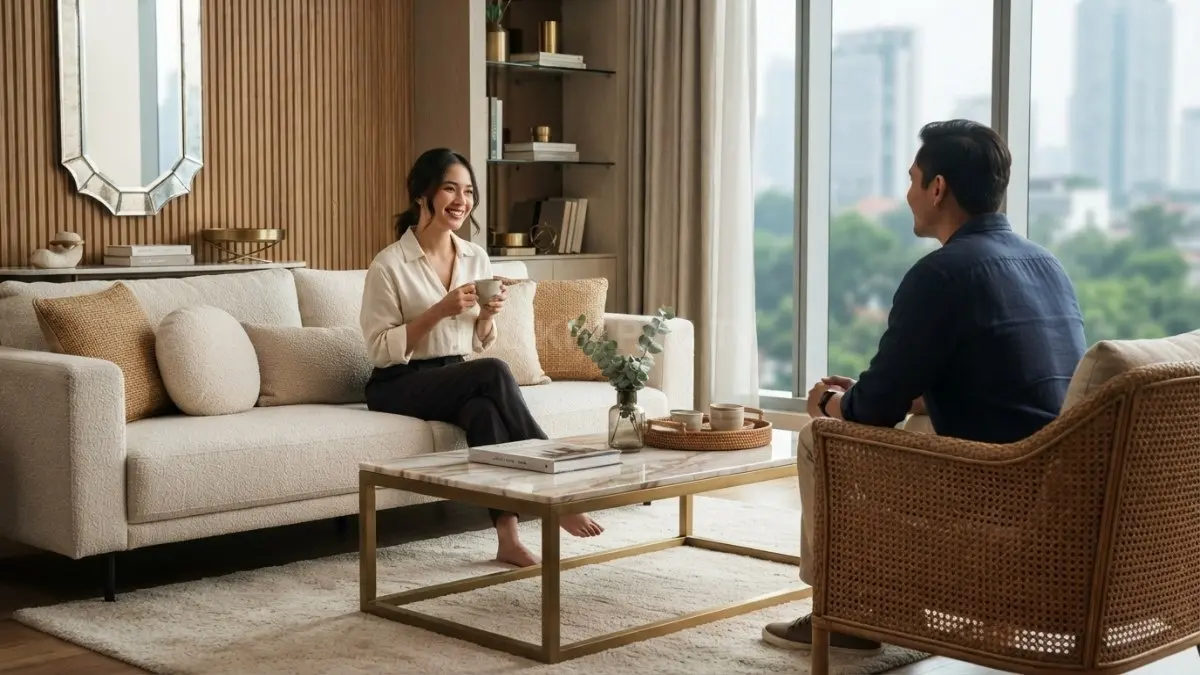 Perpaduan furnitur bernuansa netral, aksen kayu, dan pencahayaan hangat menciptakan ruang tamu yang nyaman, elegan, dan terasa lebih mewah tanpa renovasi. (BTV/AI)