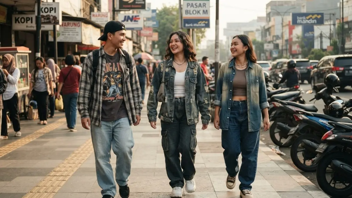 Perpaduan pakaian denim dan gaya kasual terinspirasi era 2000-an. (BTV/AI)