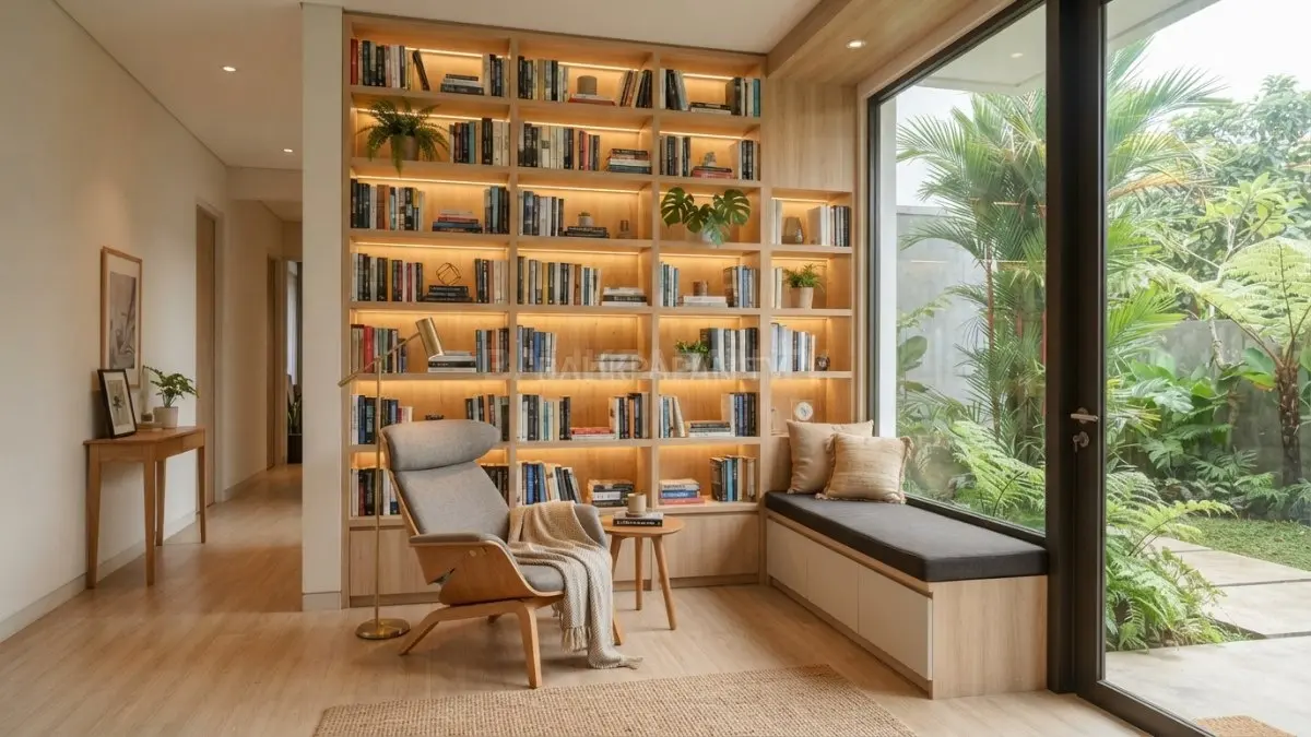 Perpustakaan mini di area depan rumah menghadirkan sudut membaca nyaman tanpa memerlukan ruangan khusus. (BTV/Ai)