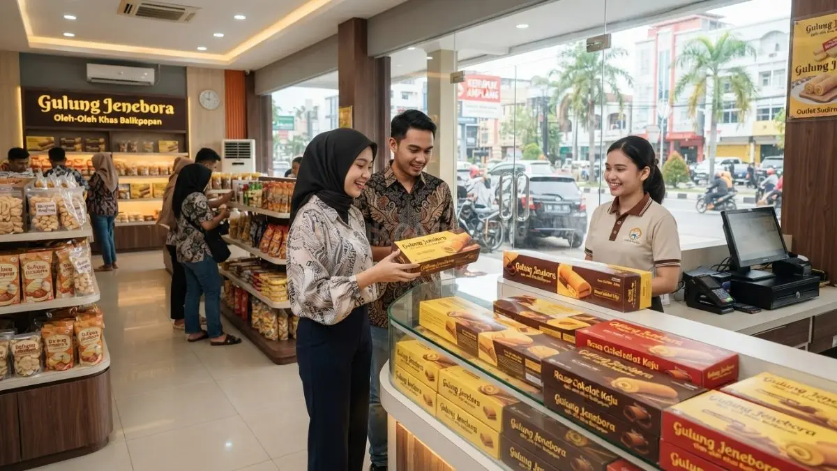 Produk Gulung Jenebora di Outlet Sudirman Balikpapan sebagai pilihan buah tangan lokal. (BTV/AI)