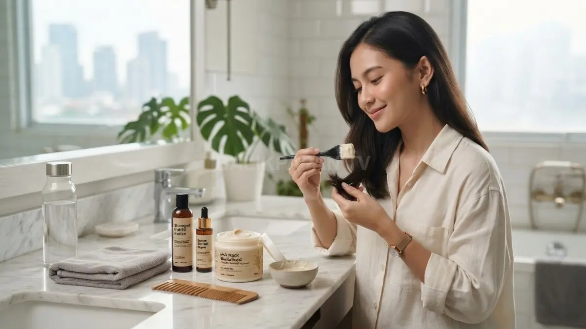 Produk hair mask dan perlengkapan perawatan rambut tersusun dengan konsep beauty lifestyle. (BTV/AI)