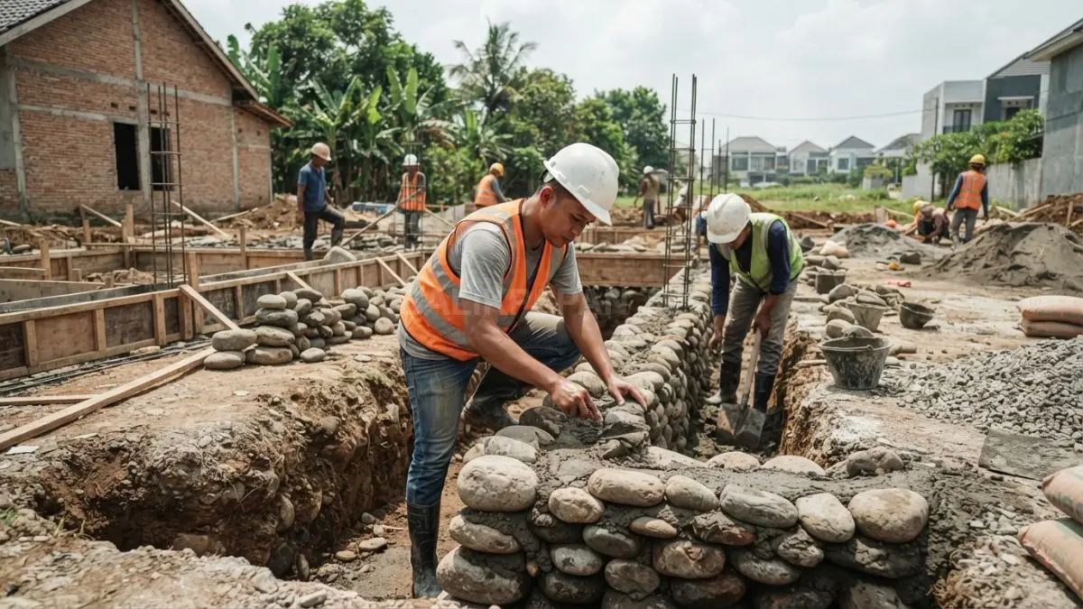 Proses pemasangan fondasi batu kali menjadi tahap awal penting untuk menjamin kekuatan bangunan rumah tinggal (BTV/AI)