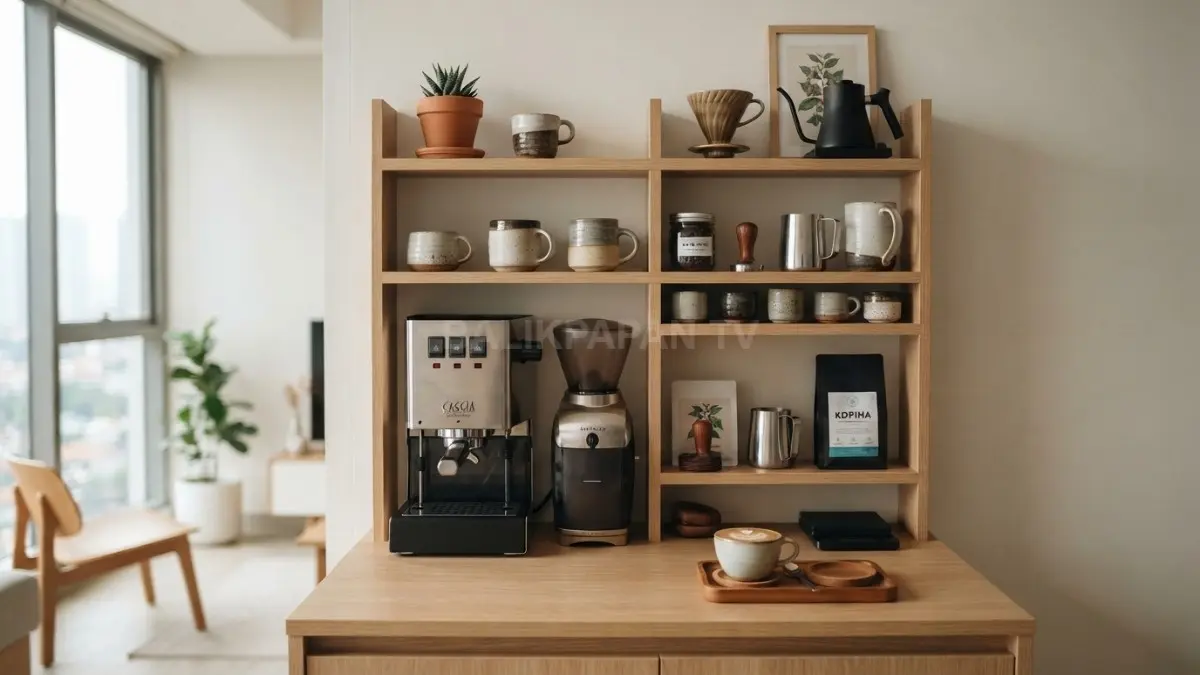 Rak kopi mini modern lengkap dengan cangkir, biji kopi, dan dekorasi estetik. (BTV/AI)