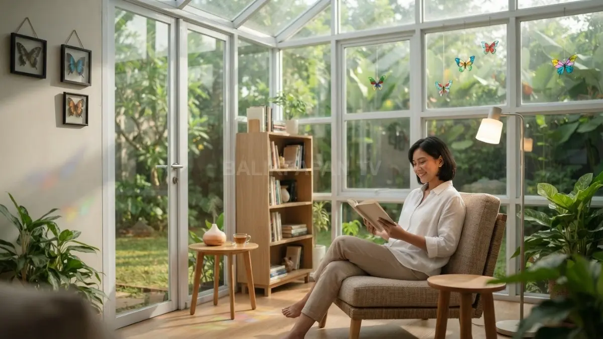 Ruang baca rumah kaca menghadirkan cahaya alami dengan dekorasi kupu-kupu elegan dan suasana rileks modern (BTV/AI)
