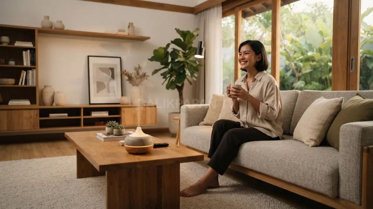 Ruang keluarga bergaya Japandi dengan pencahayaan hangat, karpet lembut, tanaman hijau, dan diffuser aromaterapi. (BTV/AI)