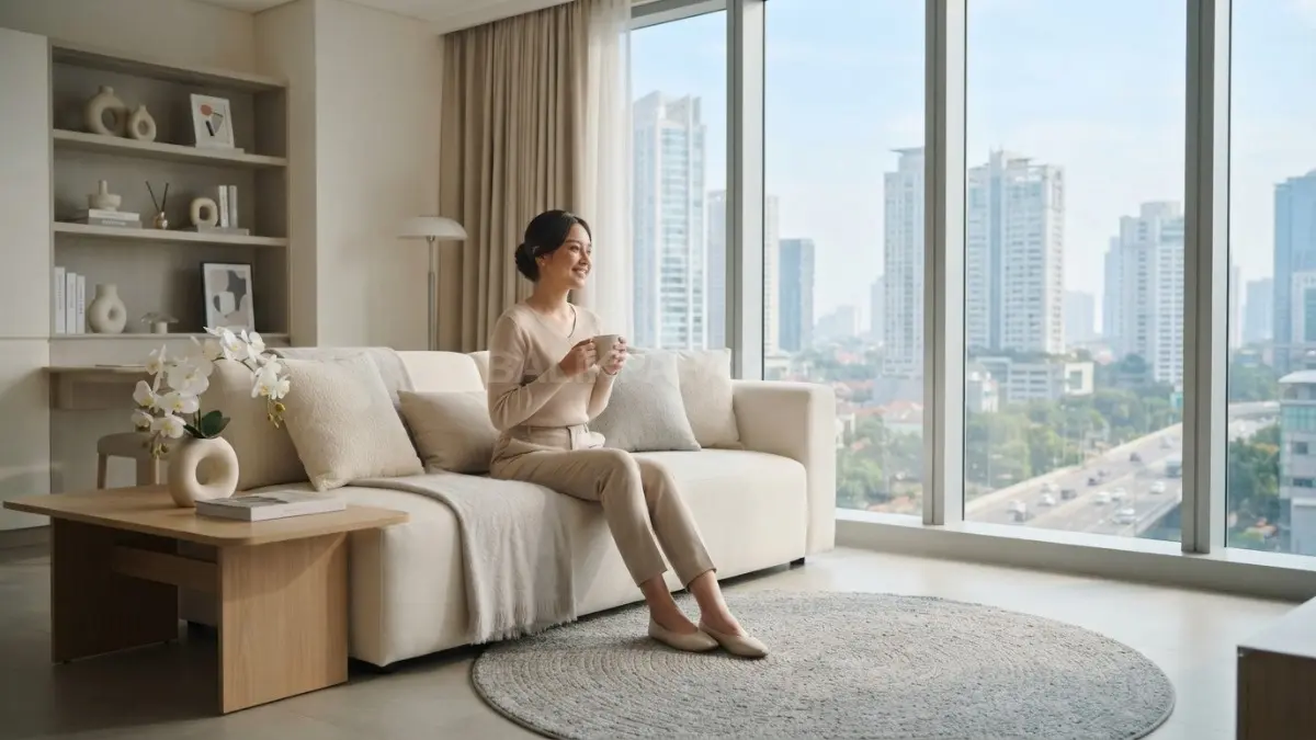 Ruang keluarga bergaya minimalis dengan dominasi warna netral dan pencahayaan alami, menghadirkan suasana hangat, nyaman, sekaligus elegan tanpa perlu renovasi besar. (BTV/AI)