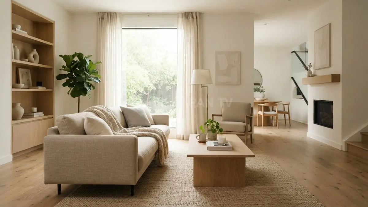 Ruang keluarga bergaya minimalis dengan palet warna beige, furnitur sederhana, material kayu, dan pencahayaan alami. (BTV/AI)