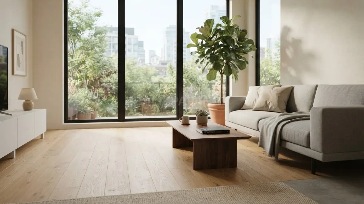 Ruang keluarga bergaya minimalis dengan sofa sederhana, meja kayu, tanaman, dan area lantai yang lapang. (BTV/AI)