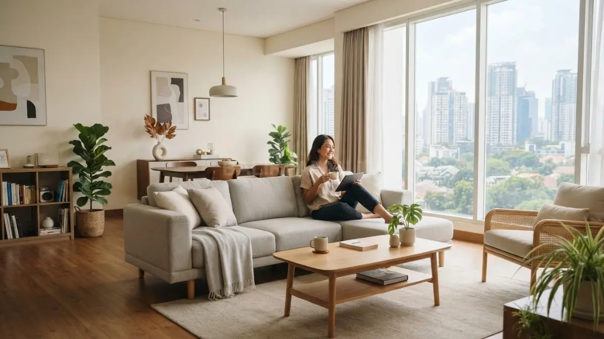 Ruang keluarga bergaya minimalis modern dengan pencahayaan alami, furnitur sederhana, dan sentuhan tanaman hias yang menciptakan suasana luas, elegan, serta nyaman. (BTV/AI)