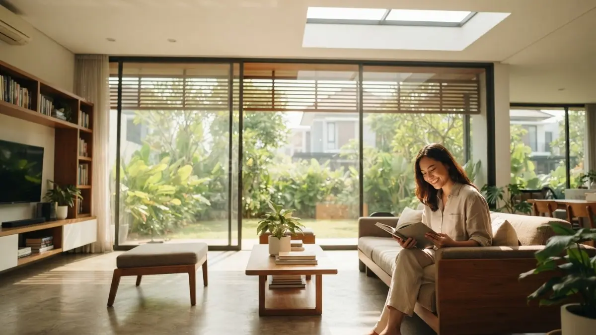 Ruang keluarga dengan pencahayaan alami dari skylight dan bukaan kaca lebar yang membuat rumah terasa terang, sejuk, dan lebih hemat energi. (BTV/AI)