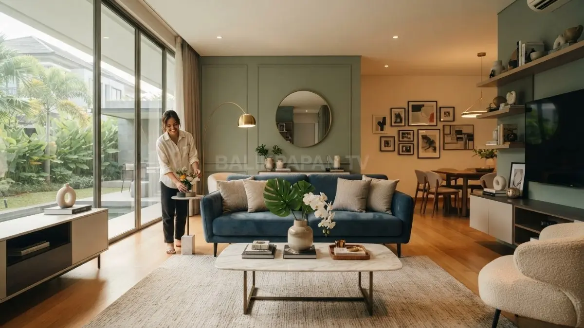 Ruang tamu bergaya minimalis modern dengan pencahayaan alami, palet warna netral, dan dekorasi sederhana yang menciptakan kesan mewah tanpa perlu renovasi besar. (BTV/AI)