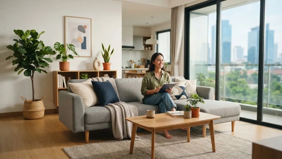 Ruang tamu minimalis modern dengan sofa abu-abu, tanaman hias, pencahayaan alami, menciptakan suasana nyaman, hangat, elegan, estetik (BTV/AI)