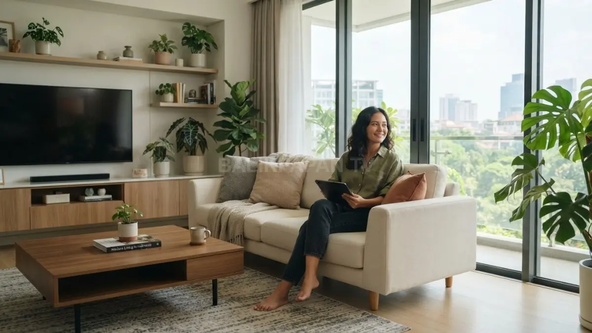 Ruang tamu minimalis modern dengan sofa krem, tanaman hias, pencahayaan alami menciptakan suasana hangat, nyaman, elegan. (BTV/AI)