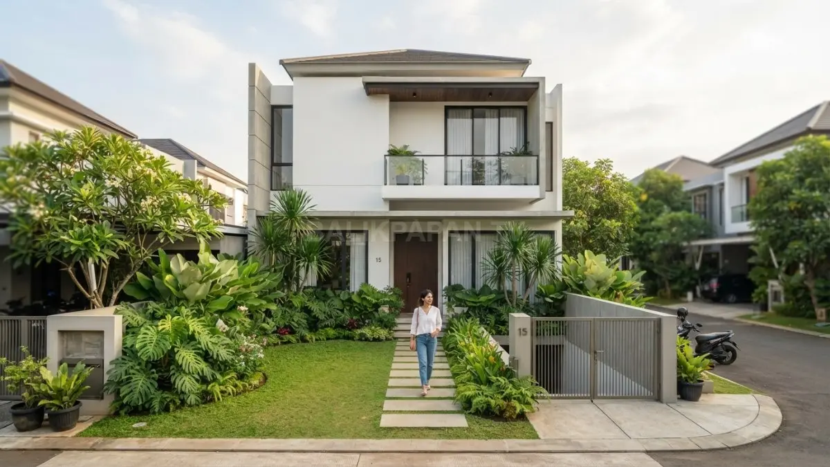 Rumah minimalis modern berfasad putih dipadukan taman hijau yang asri, menghadirkan hunian nyaman, elegan, dan fungsional (BTV/AI)