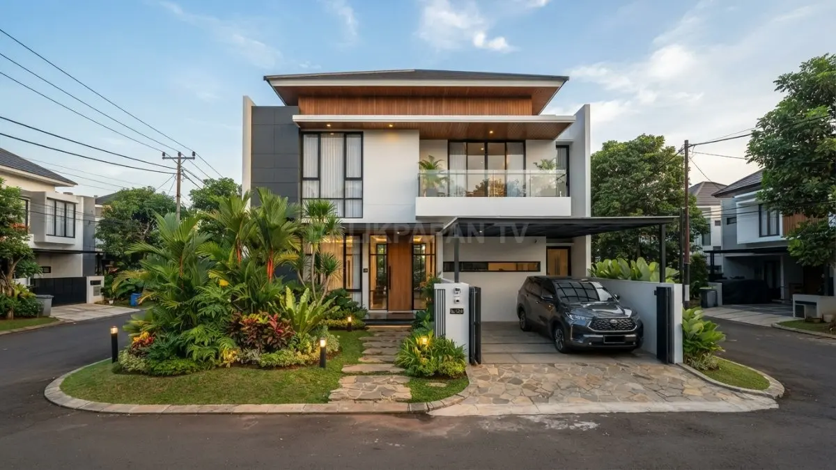 Rumah minimalis modern dua lantai dengan taman hijau menghadirkan hunian elegan, nyaman, bernilai tinggi (BTV.AI)