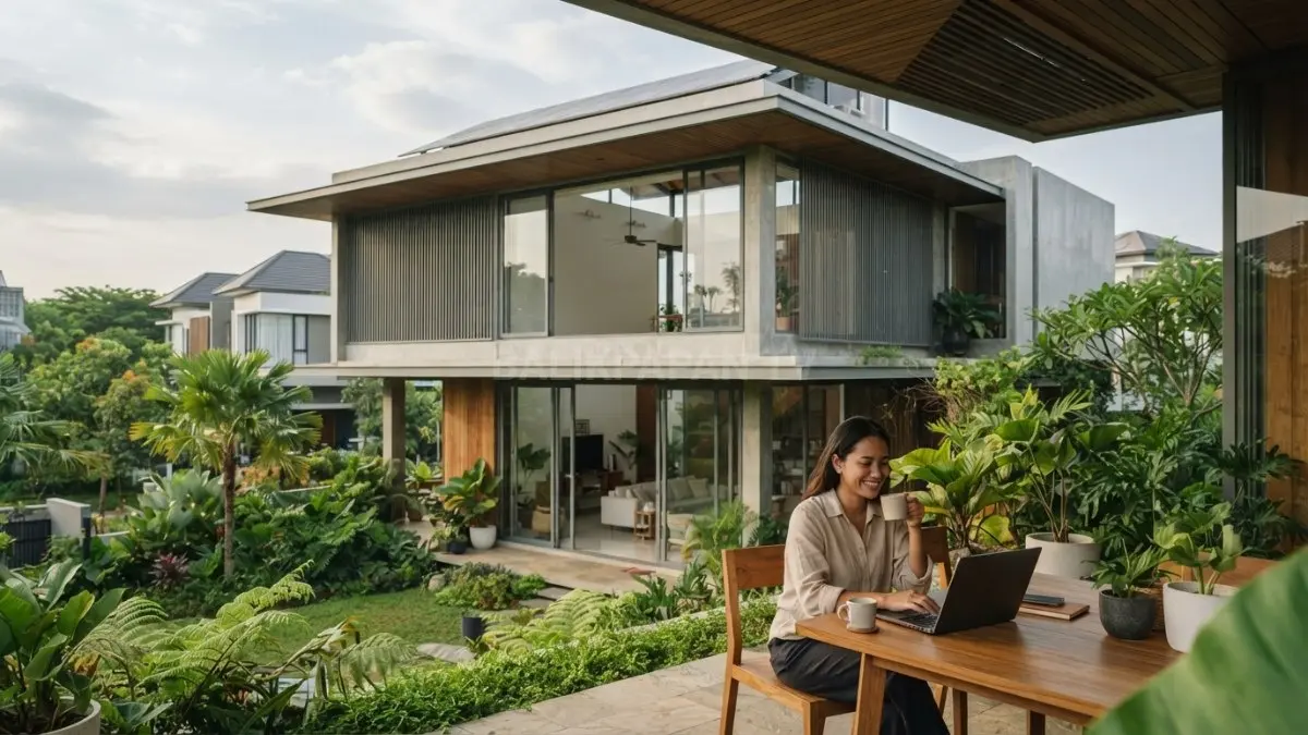 Rumah modern dengan desain tropis, pencahayaan alami, dan taman hijau yang menciptakan hunian lebih nyaman sekaligus hemat energi. (BTV/AI)
