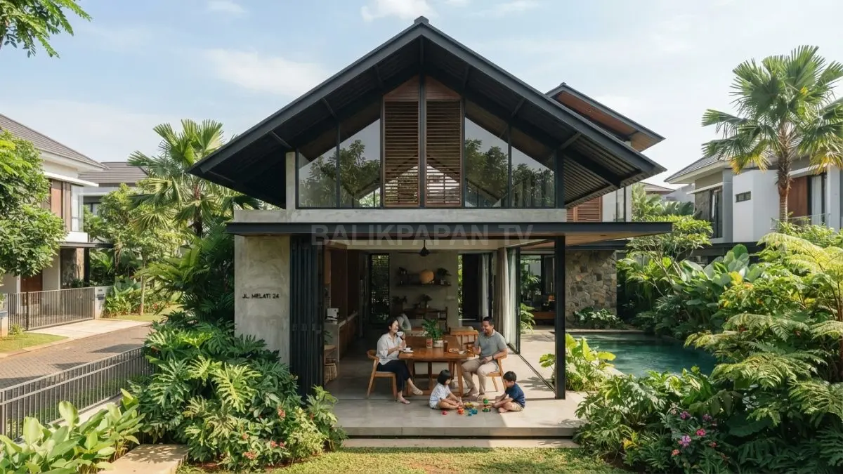 Rumah tropis modern menghadirkan atap tinggi, ventilasi maksimal, dan tanaman hijau untuk kenyamanan optimal (BTV.AI)
