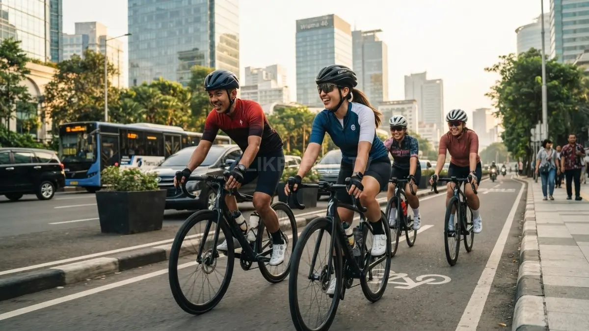 Sekelompok pesepeda melintasi jalan perkotaan dengan perlengkapan lengkap, menjaga kebugaran, kesehatan jantung, serta mengurangi stres. (BTV/AI)
