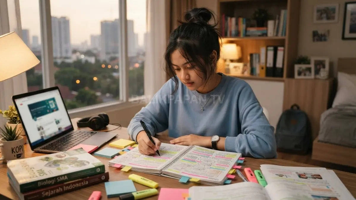 Seorang pelajar sedang belajar dengan catatan warna-warni di meja belajar untuk meningkatkan fokus dan pemahaman. (BTV/AI)