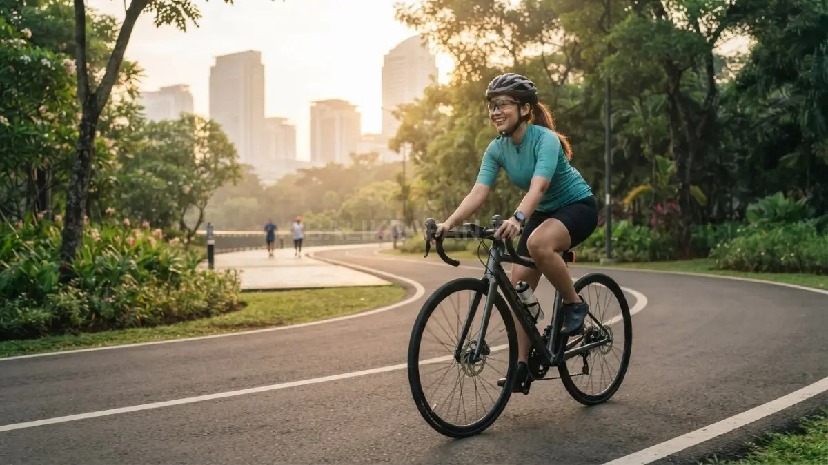 Seorang pesepeda menikmati udara segar pagi di taman kota, menjaga kesehatan fisik dan mental optimal. (BTV/AI)