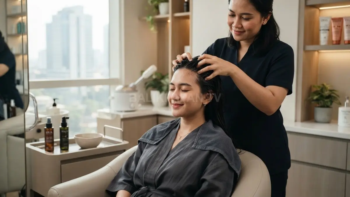 Seseorang melakukan scalp care dengan pijatan ringan pada kulit kepala sebagai bagian dari perawatan rambut modern. (BTV/AI)