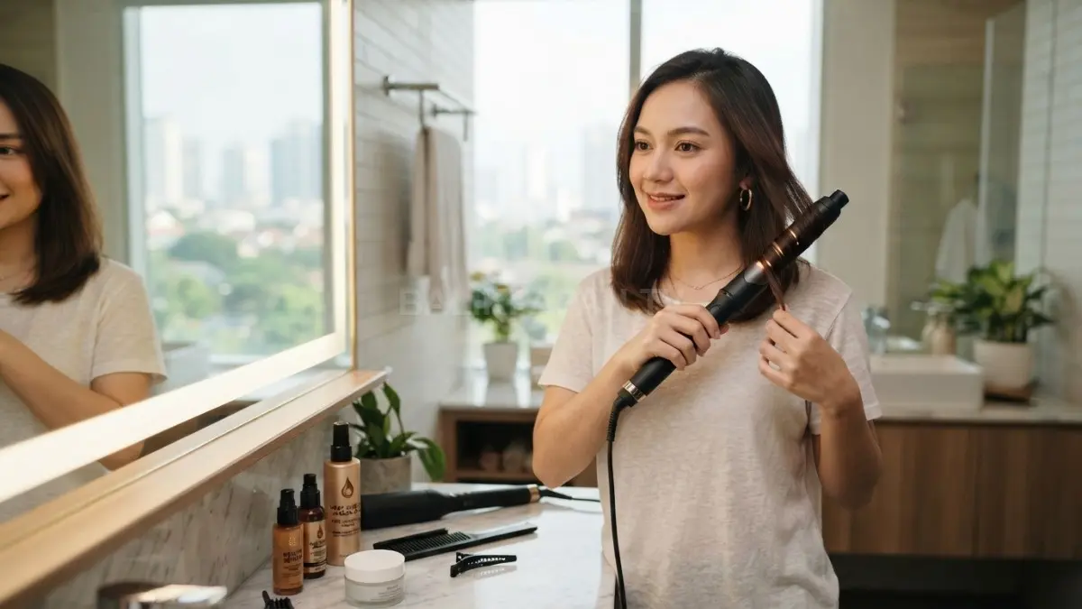 Seseorang menggunakan alat styling rambut dengan perlindungan panas untuk menjaga kondisi rambut. (BTV/AI)