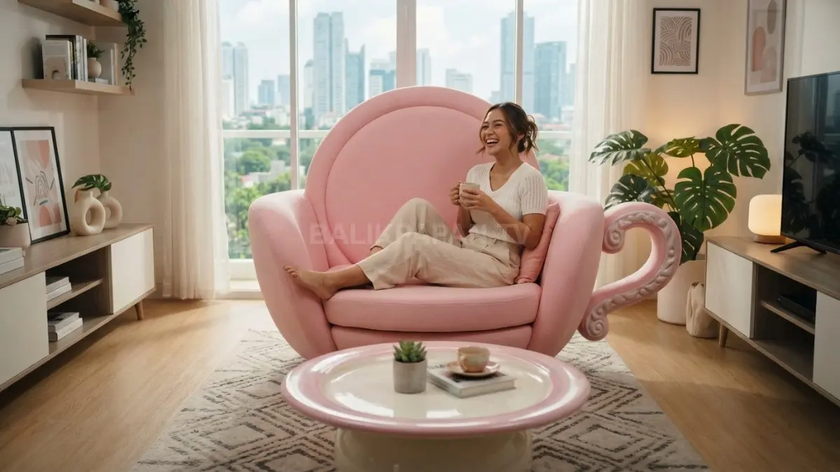 Sofa berbentuk cangkir raksasa menghadirkan ruang tamu kreatif, unik, nyaman, dan penuh karakter yang menarik. (BTV/AI)