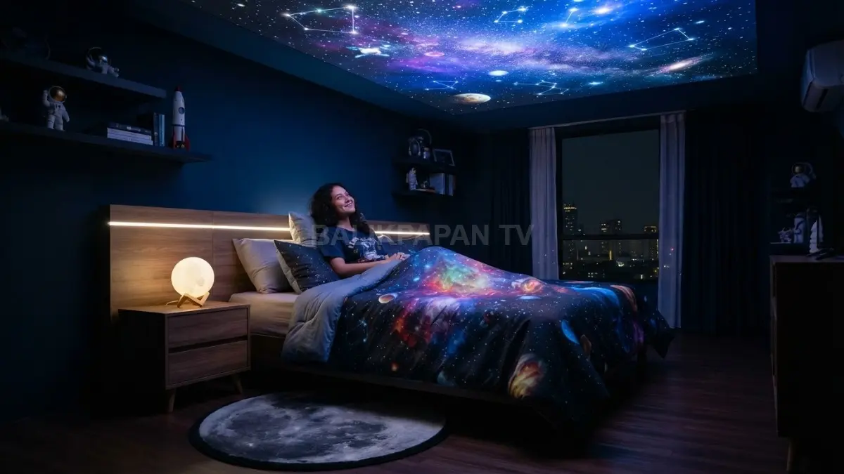 Star projector dan lampu galaksi menghadirkan langit berbintang yang memukau dalam kamar bergaya kosmik modern elegan. (BTV/AI)