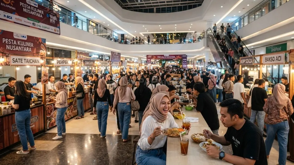 Suasana Festival Kuliner di e-Walk Balikpapan Super Block yang dipenuhi pengunjung. (BTV/AI)
