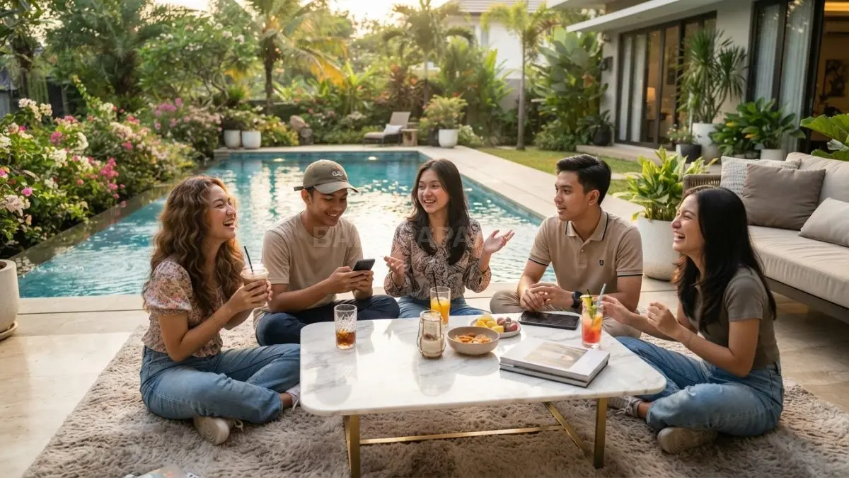 Suasana hangat, coffee table marmer, halaman penuh bunga, dan kolam renang jadi kombinasi sempurna untuk momen kebersamaan bersama teman (BTV/AI).