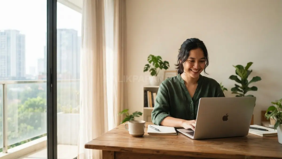 Sudut kerja bergaya minimalis dengan pencahayaan alami dan sentuhan tanaman hijau, menciptakan ruang yang nyaman, rapi, dan mendukung produktivitas di rumah. (BTV/AI)