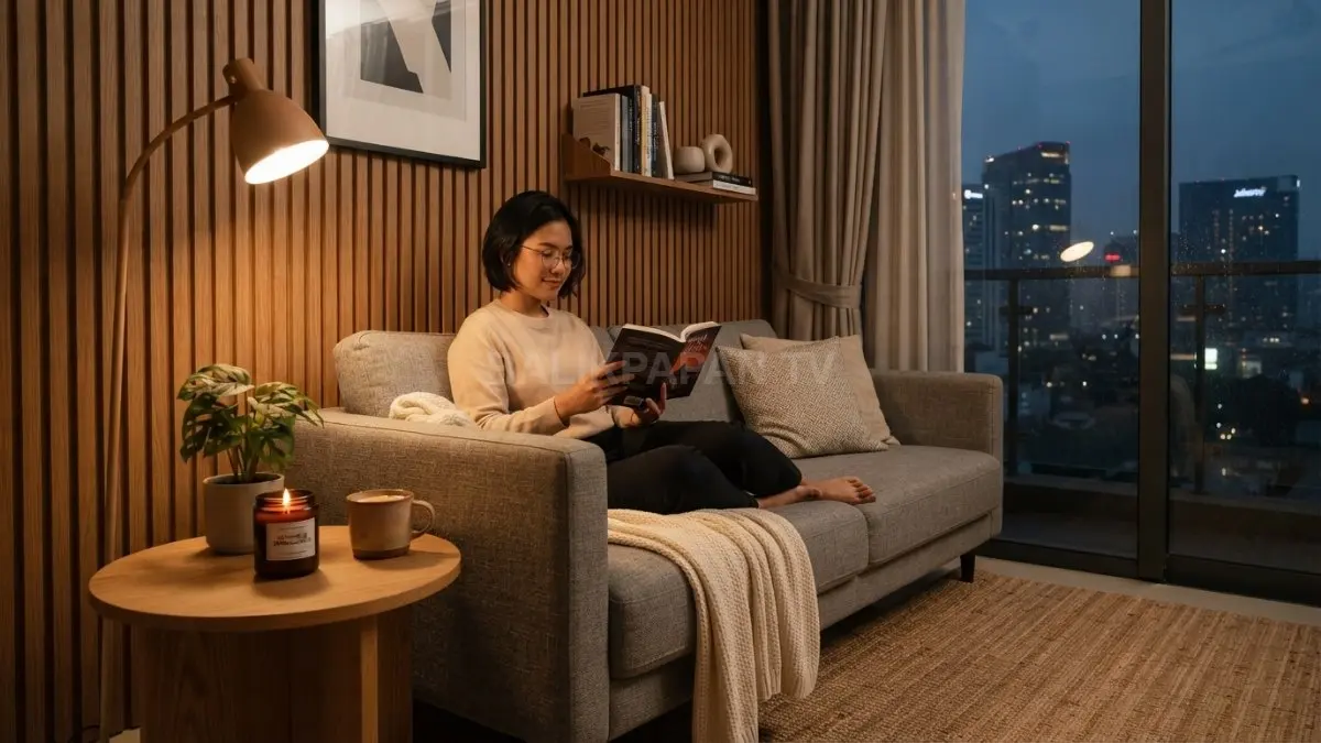 Sudut ruang baca minimalis lengkap dengan sofa kain linen, lilin aromaterapi, dan panel akustik kayu. (BTV/AI)