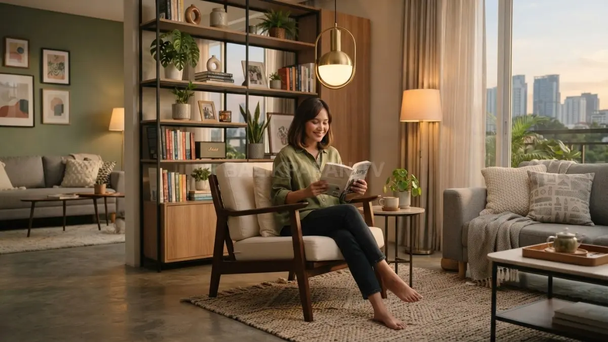 Sudut ruang keluarga modern nyaman dengan karpet, lampu gantung, rak dekoratif bernuansa hangat elegan (BTV/AI)