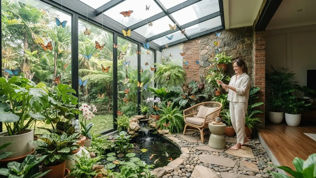 Taman indoor bergaya rumah kaca menghadirkan suasana sejuk, elegan, alami, dengan dekorasi kupu-kupu yang memikat indah. (BTV/AI)