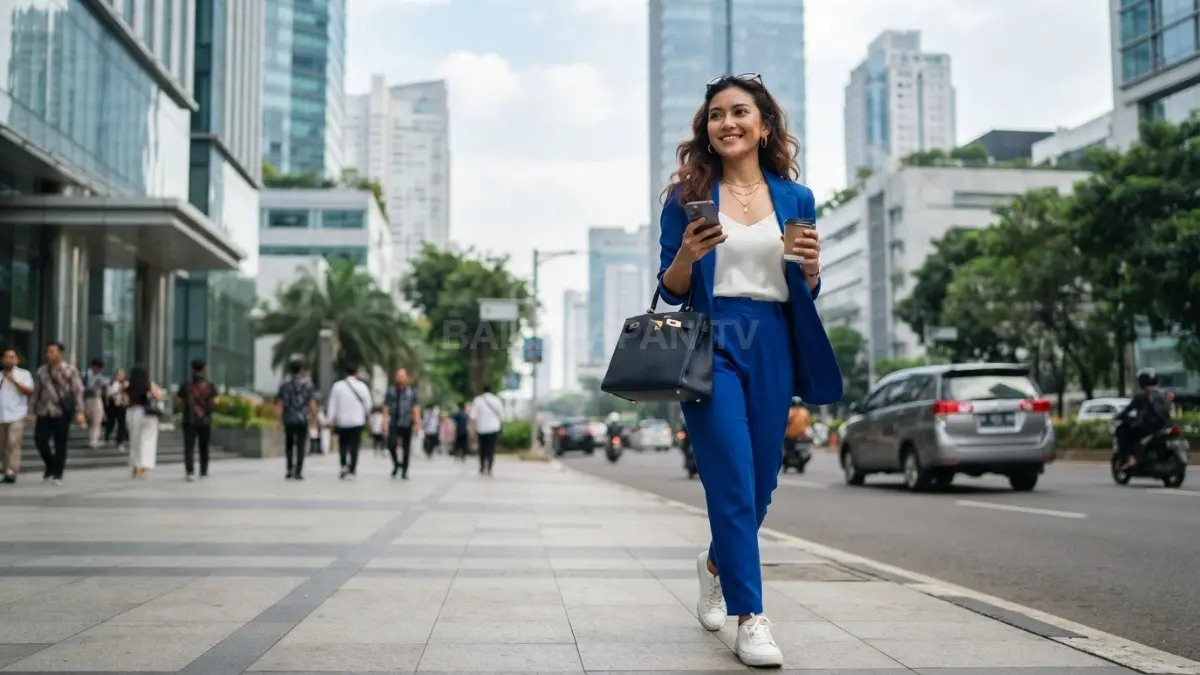 Tampilan outfit cobalt blue dipadukan dengan aksesori elegan untuk gaya percaya diri. (BTV/AI)