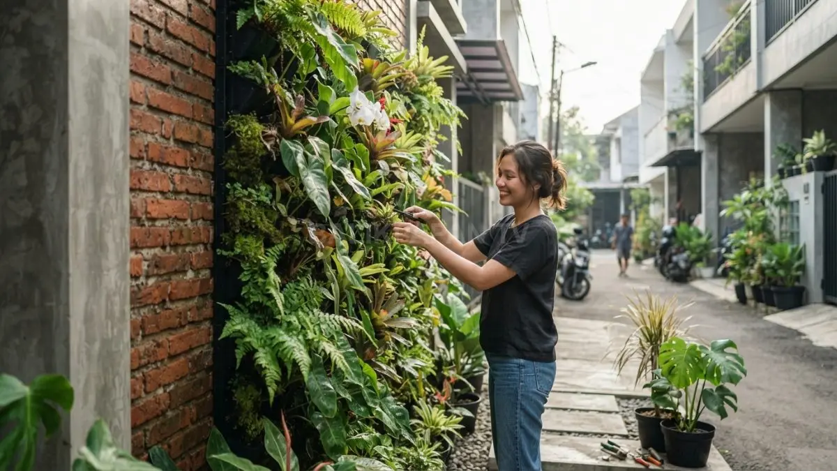 Vertical garden mempercantik rumah, menghadirkan udara segar, memaksimalkan ruang terbatas secara estetis optimal bagi keluarga (BTV.AI)
