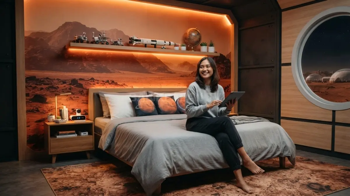 Wallpaper Mars, lampu hangat, dan miniatur rover memperkuat suasana kamar bertema eksplorasi luar angkasa modern futuristis. (BTV/AI)