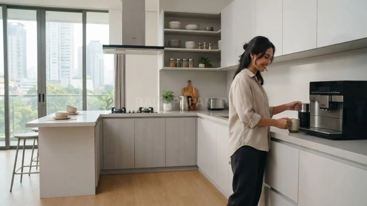 Warna putih, abu-abu, dan krem membuat dapur minimalis modern terlihat bersih, nyaman, serta menenangkan (BTV/AI).